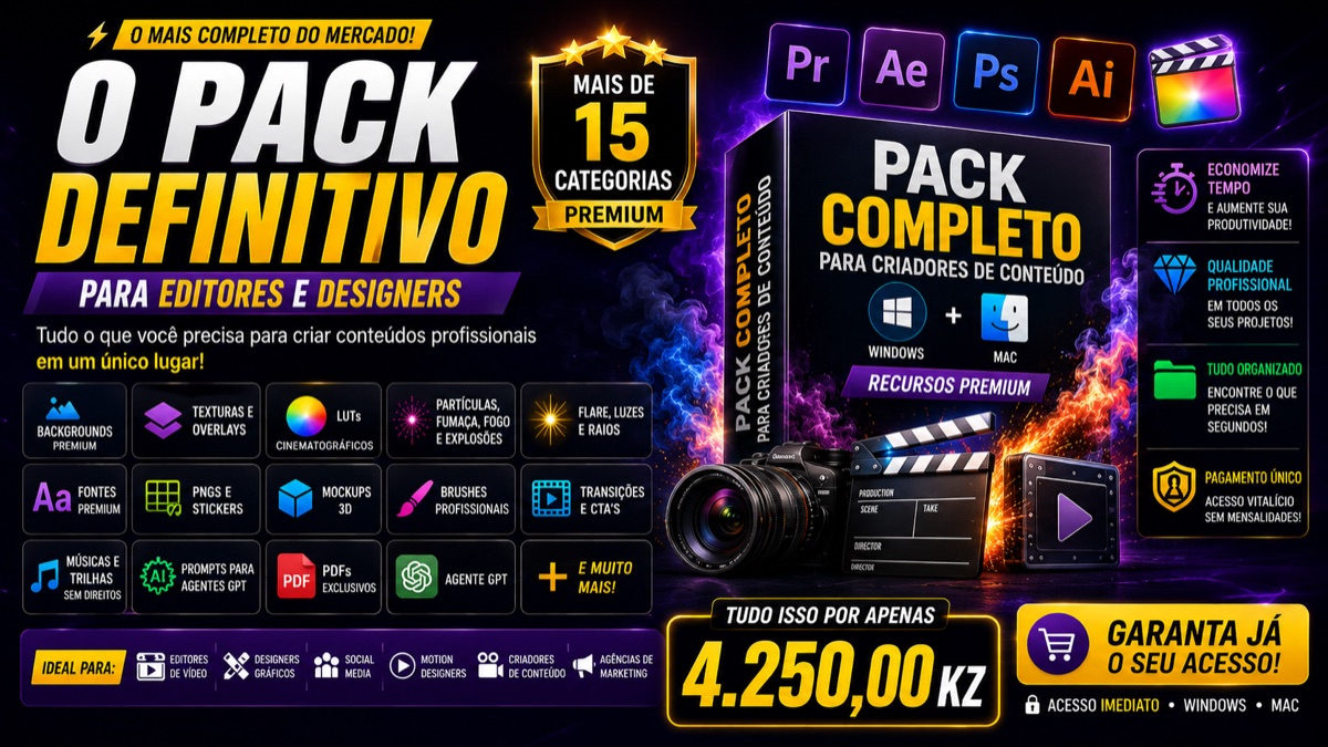 Pack Master — pack completo para criadores de conteúdo, mais de 15 categorias premium, Windows e Mac